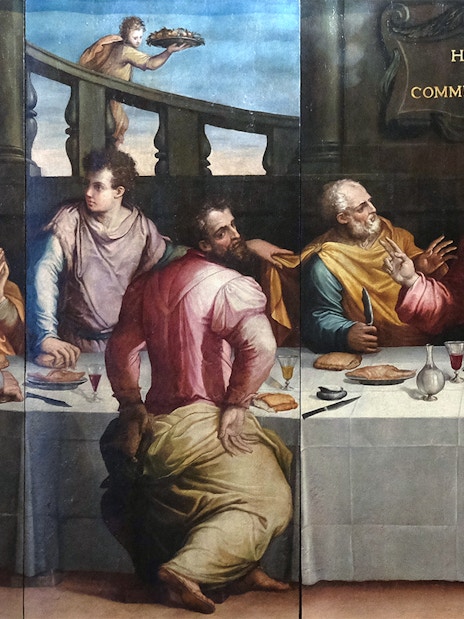 Painting of The Last Supper at Santa Croce Basilica, Florence, depicting Jesus and disciples.