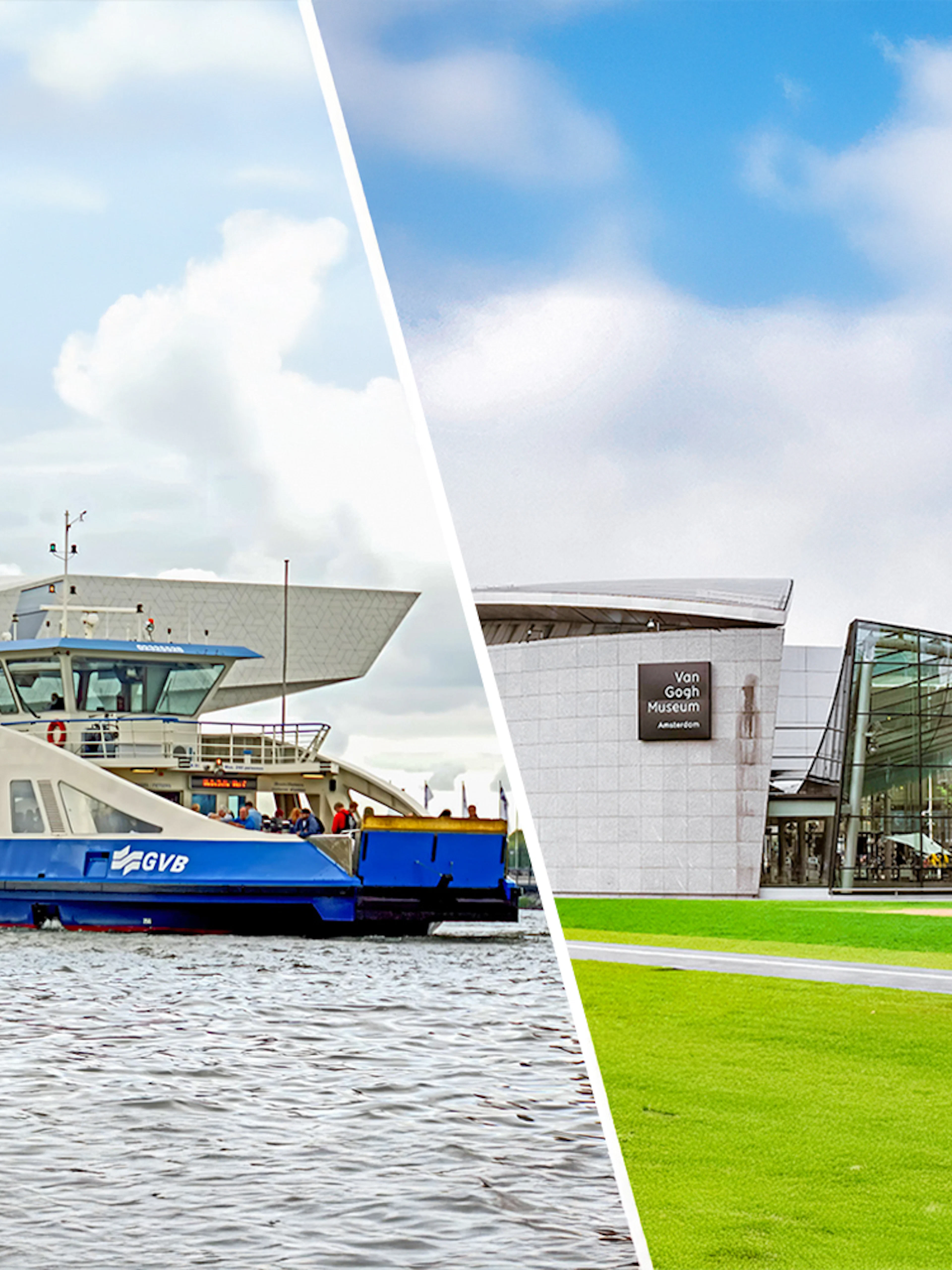 GVB ferry on Amsterdam canal and entrance to Van Gogh Museum.
