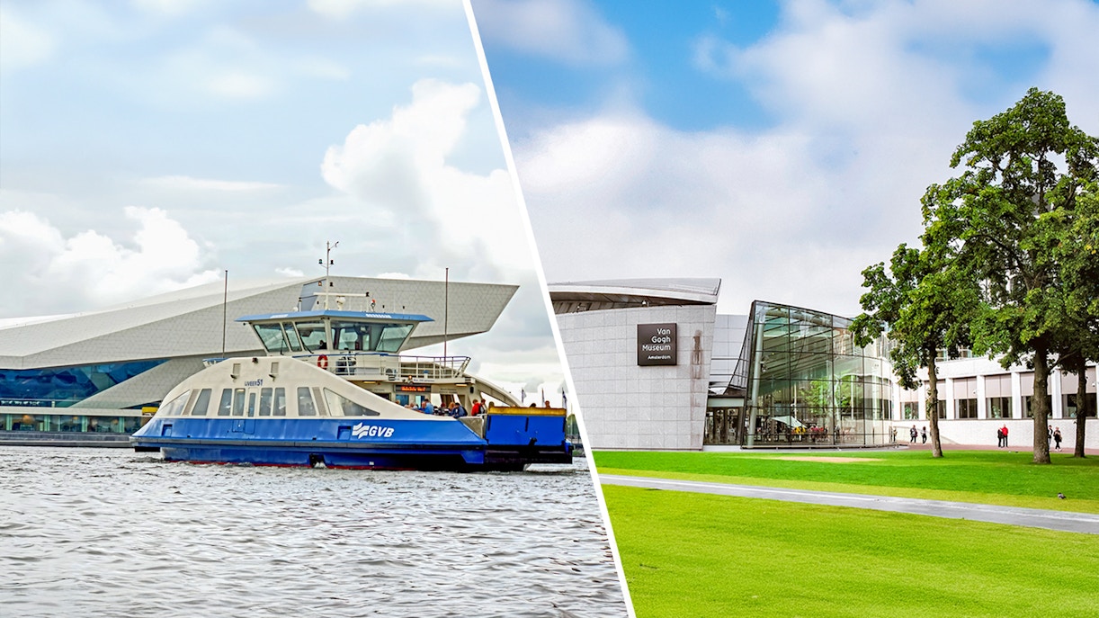 Van Gogh Museum entrance with Amsterdam GVB public transport pass sign.