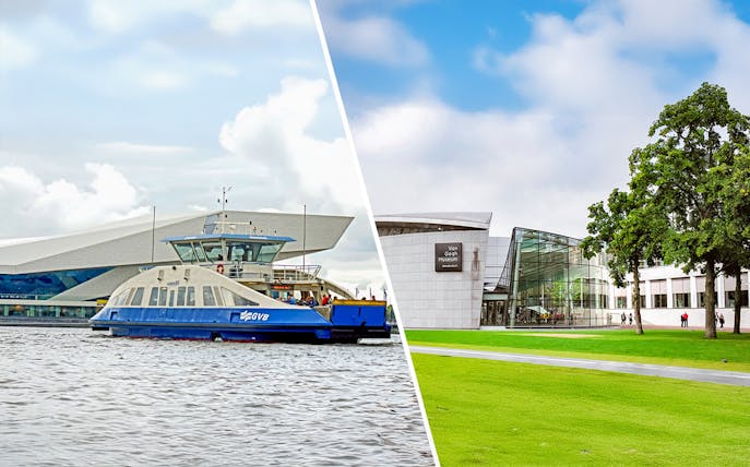 GVB ferry on Amsterdam canal and entrance to Van Gogh Museum.
