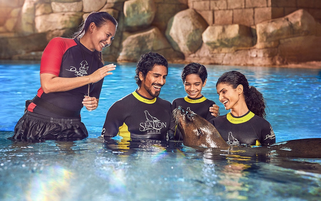 Group interacting with sea lion at Atlantis water park.