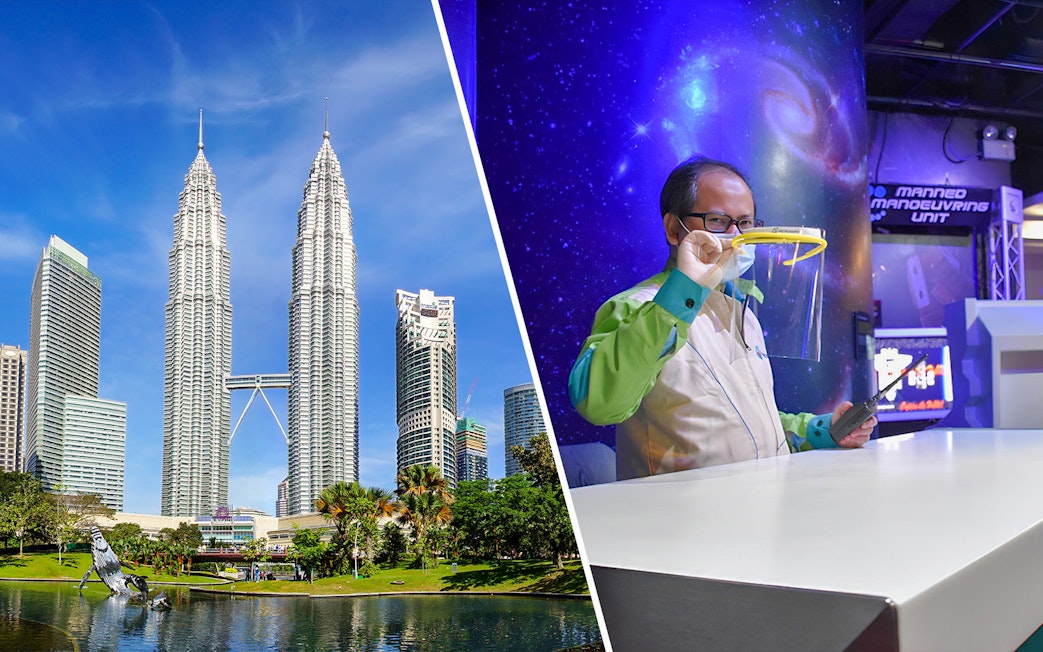 Petronas Twin Towers and Petrosains Discovery Centre exhibit in Kuala Lumpur.