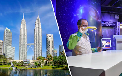 Petronas Twin Towers and Petrosains Discovery Centre exhibit in Kuala Lumpur.