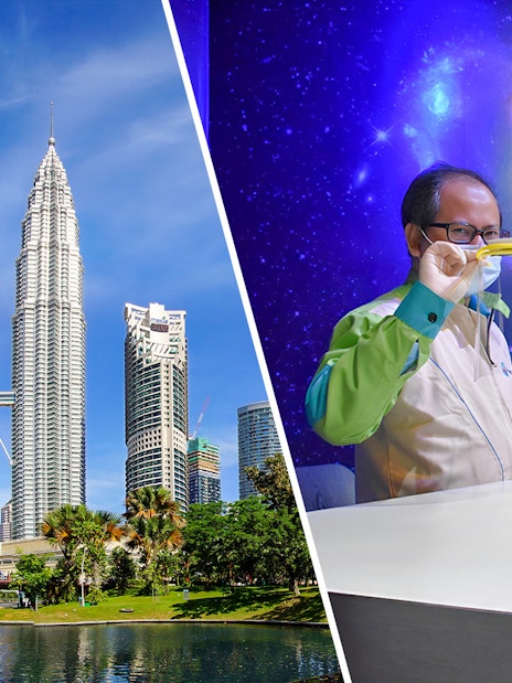 Petronas Twin Towers and Petrosains Discovery Centre exhibit in Kuala Lumpur.