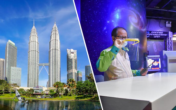 Petronas Twin Towers and Petrosains Discovery Centre exhibit in Kuala Lumpur.