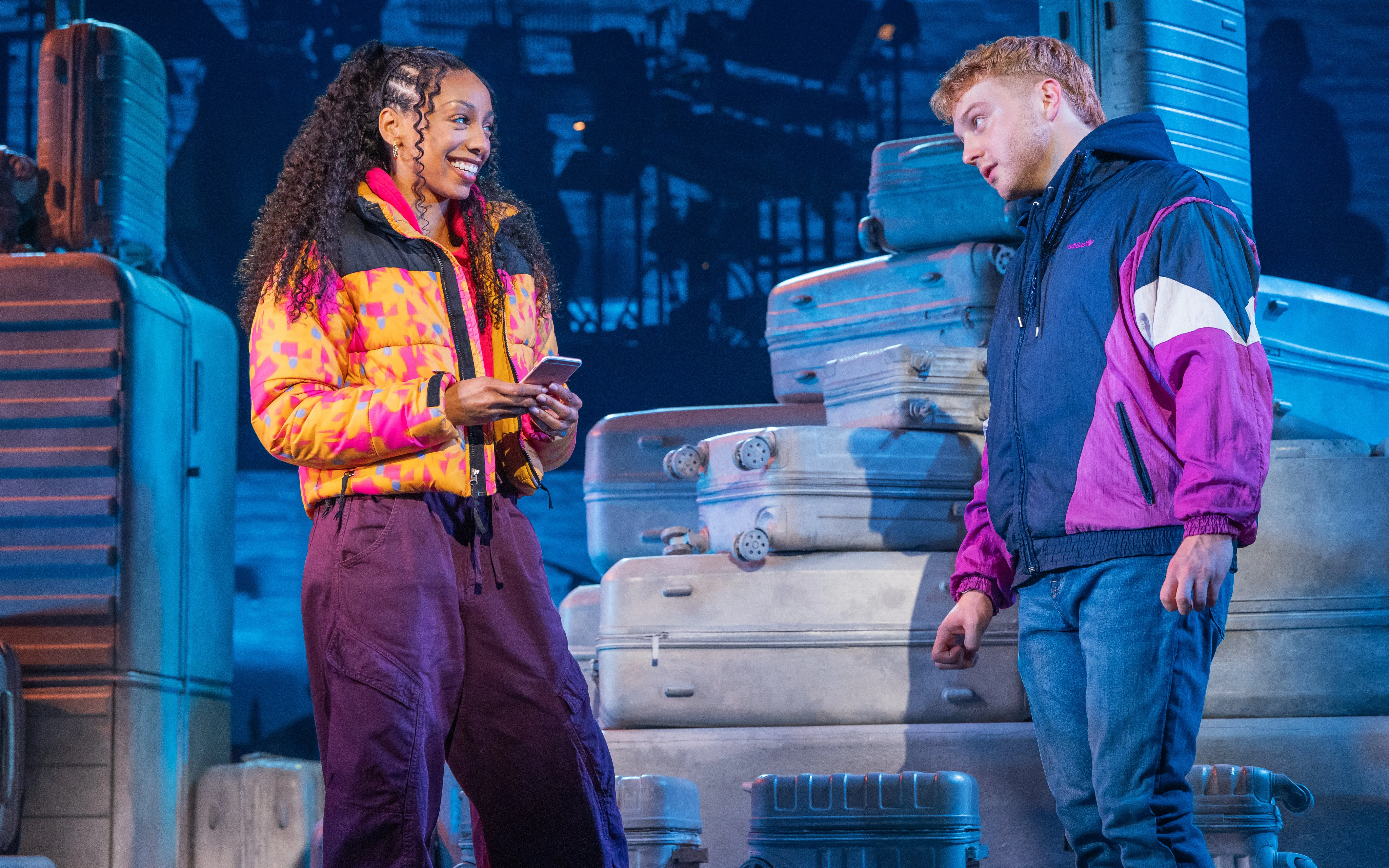 Actors on stage during "Two Strangers (Carry a Cake Across New York)" Broadway show.