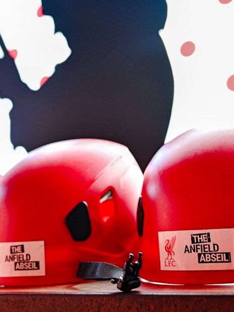 Red helmets for Anfield Abseil Experience in Liverpool.