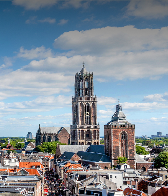 Skyline of Utrecht with Dom Tower and historic buildings.