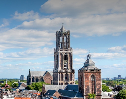 Skyline of Utrecht with Dom Tower and historic buildings.