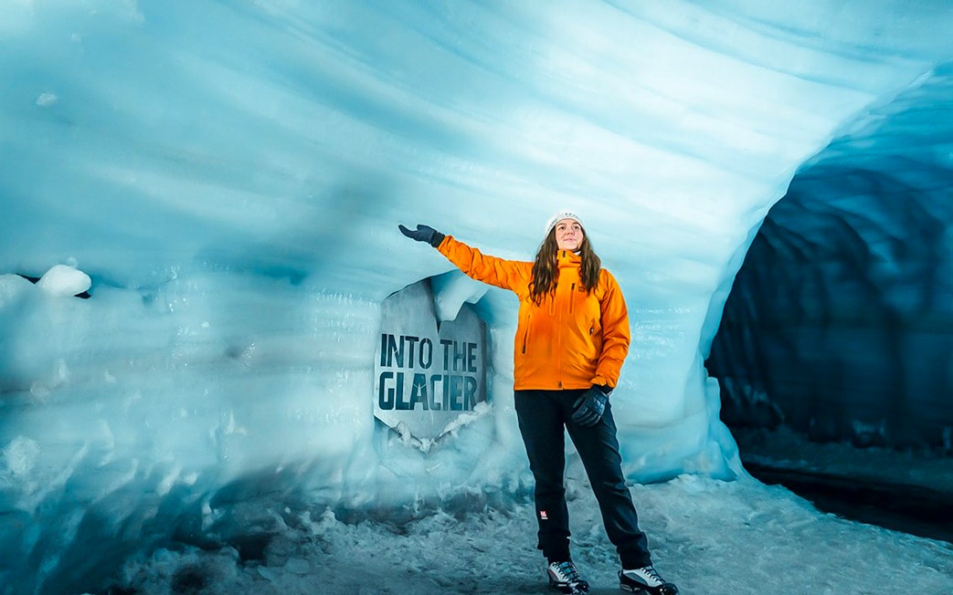 Guests exploring inside Ice Tunnel in Langjökull Glacier, Iceland.