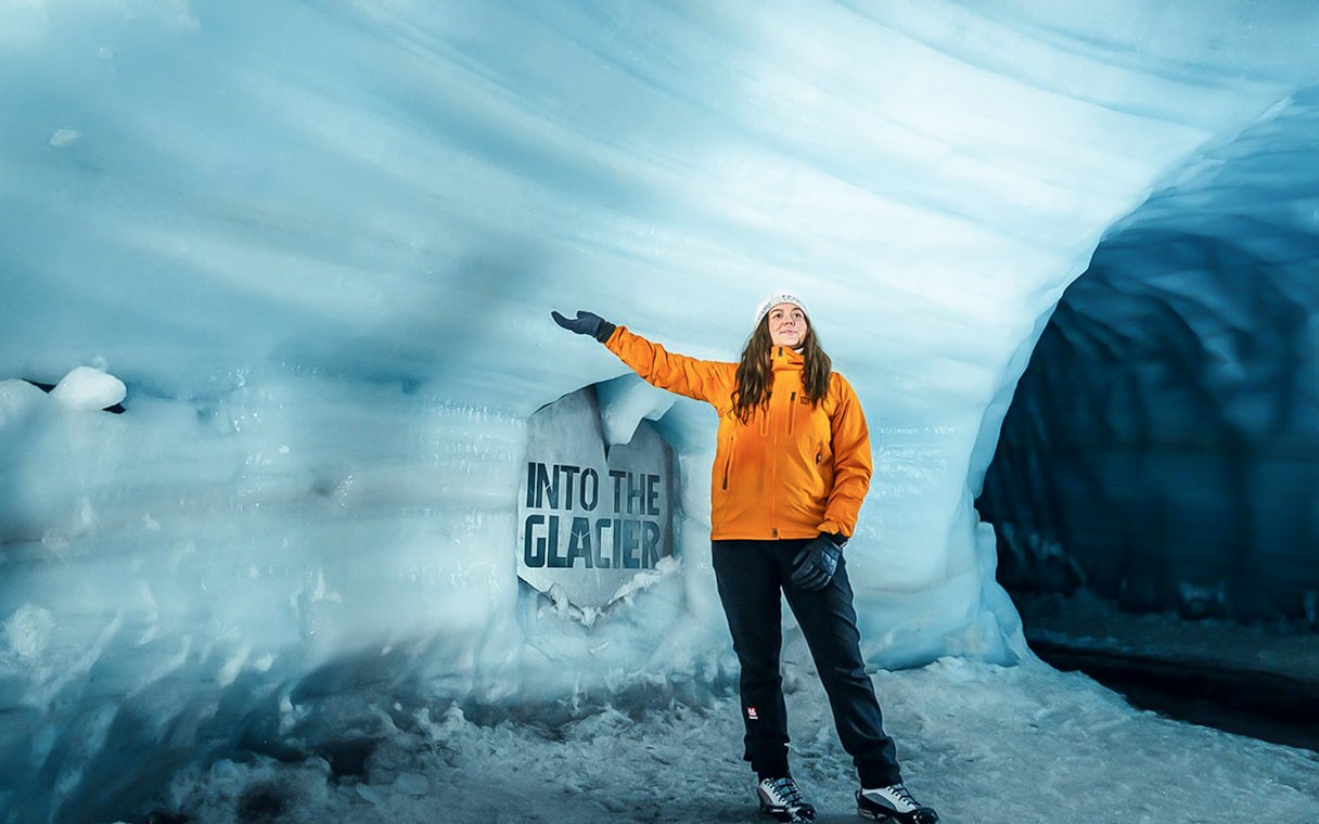 Guests exploring inside Ice Tunnel in Langjökull Glacier, Iceland.
