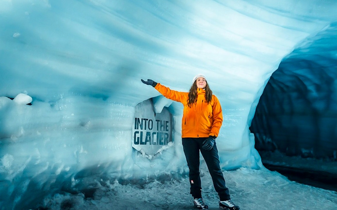 Guests exploring inside Ice Tunnel in Langjökull Glacier, Iceland.