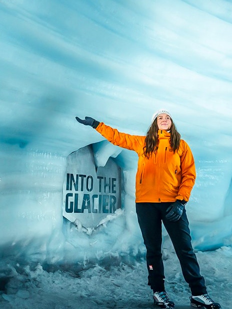 Guests exploring inside Ice Tunnel in Langjökull Glacier, Iceland.