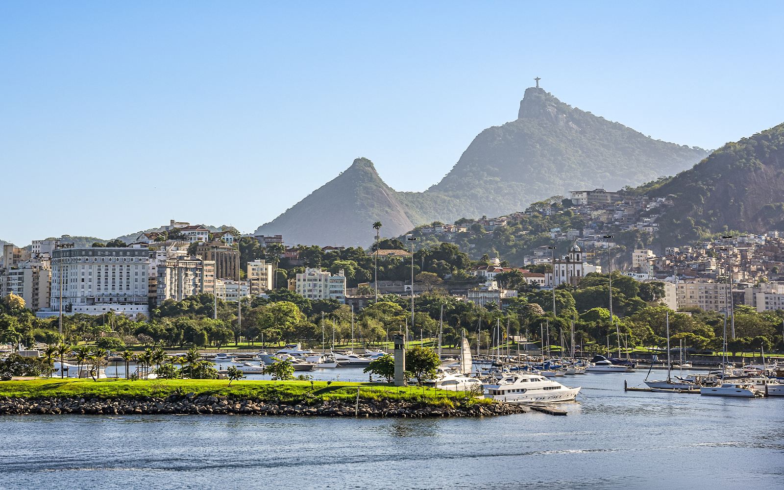 Marina da Glória with Corcovado Mountain in the background during a speedboat tour in Rio de Janeiro.