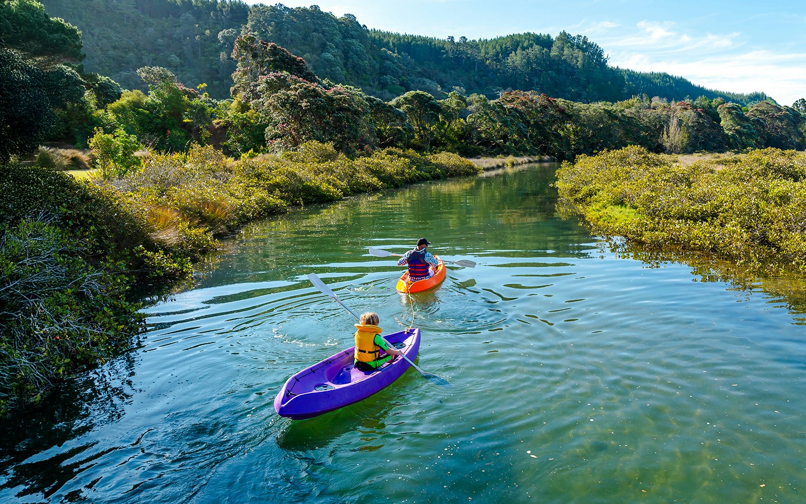 Kayakers paddling through a lush green stream surrounded by forest.