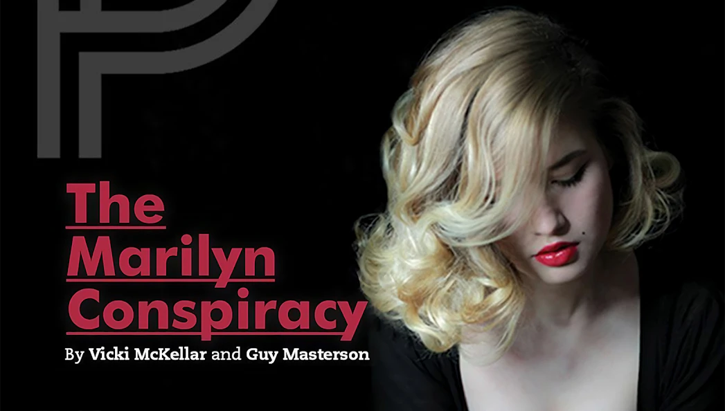 The Marilyn Conspiracy poster with a woman resembling a classic Hollywood icon.
