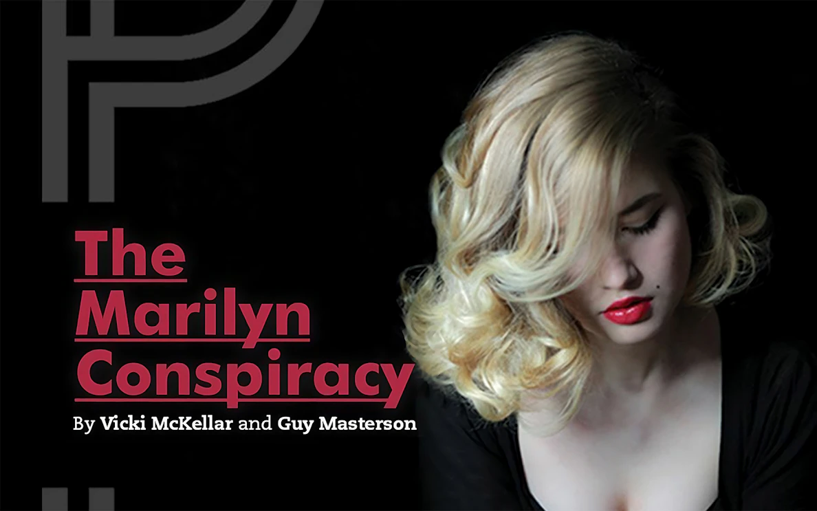 The Marilyn Conspiracy poster with a woman resembling a classic Hollywood icon.