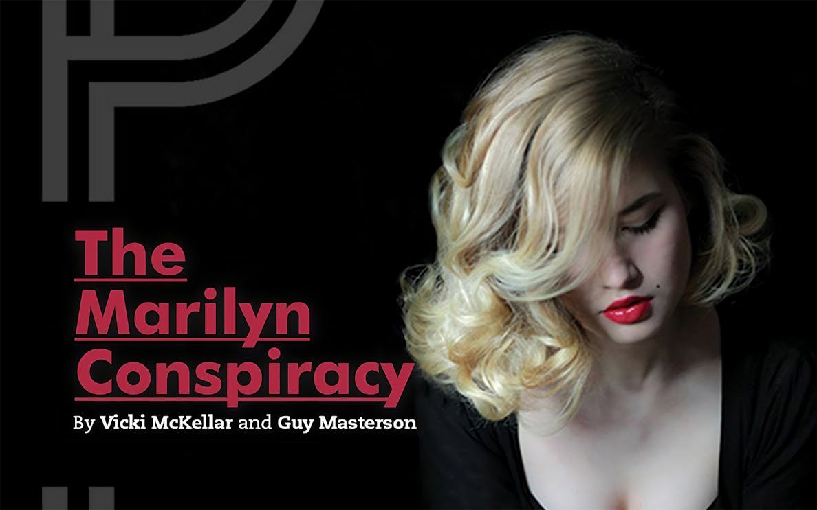 The Marilyn Conspiracy poster with a woman resembling a classic Hollywood icon.
