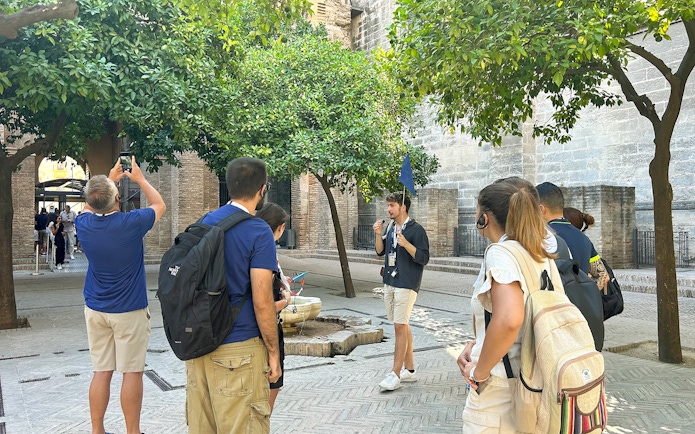 Tour group listening to a guide at Alcázar, Seville Cathedral and La Giralda.
