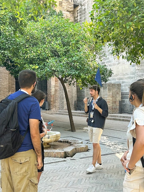 Tour group listening to a guide at Alcázar, Seville Cathedral and La Giralda.