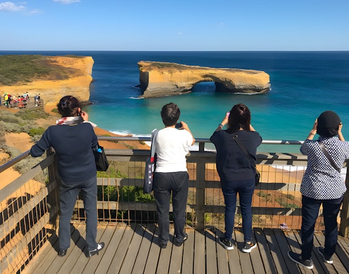 Tourists at a viewpoint overlooking the Great Ocean Road during sunset.