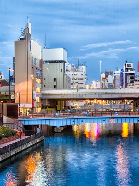 Tombori River Cruise boat on Dotonbori Canal in Osaka, Japan, with cityscape and illuminated buildings.