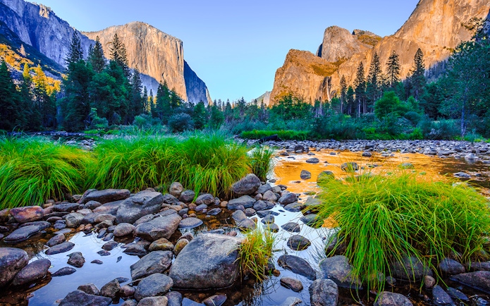 Twilight view of El Capitan and Merced River at Valley View, Yosemite National Park.
