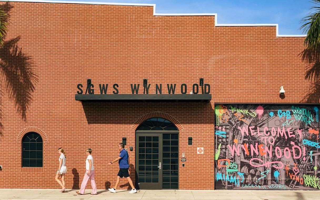 Mural with "Welcome to Wynwood" graffiti on SGWS Wynwood building, Miami, Florida.