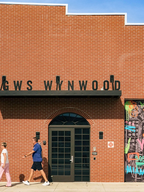 Mural with "Welcome to Wynwood" graffiti on SGWS Wynwood building, Miami, Florida.