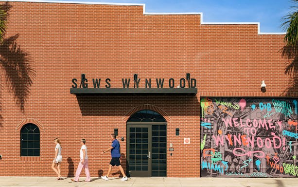 Mural with "Welcome to Wynwood" graffiti on SGWS Wynwood building, Miami, Florida.