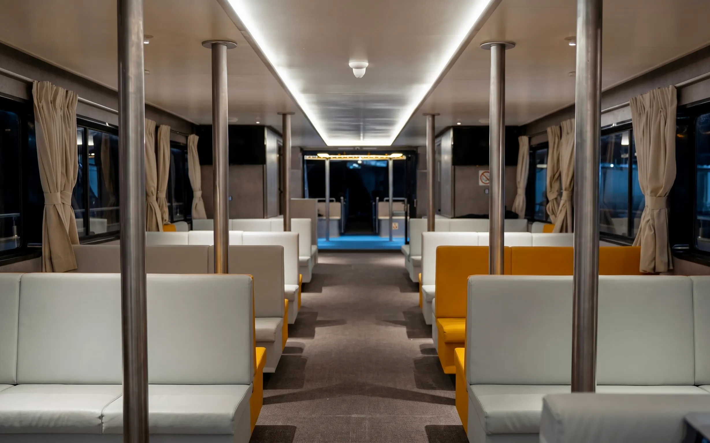 Cruise ship seating area for Rhodes to Symi Island tour, Greece.