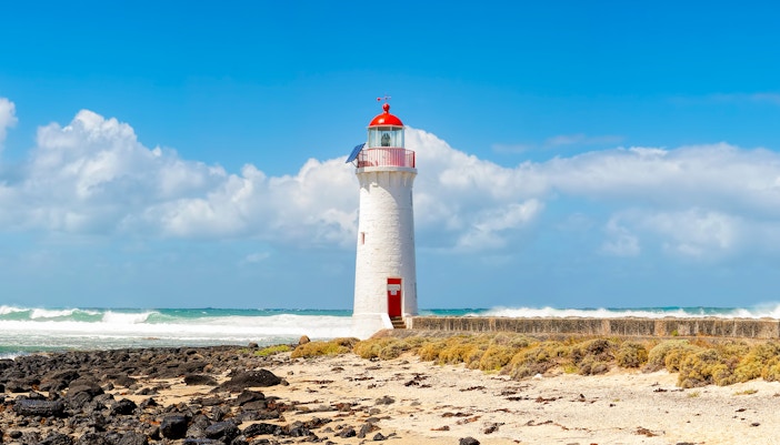 Griffiths Island lighthouse with surrounding coastal landscape in Victoria, Australia.