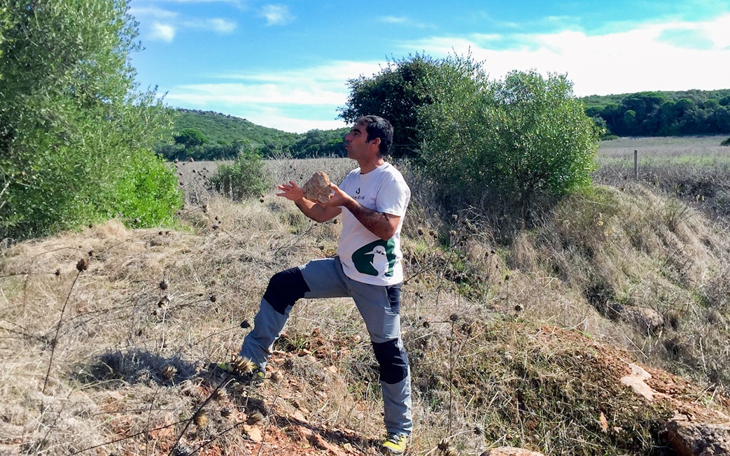 Man hiking in Arrábida Natural Park, Portugal, holding a rock amidst greenery and open fields.