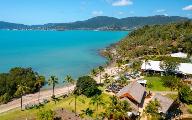 Aerial view of a tropical beach with palm trees and resort buildings on the Falls to Paradise Guided Day Tour.