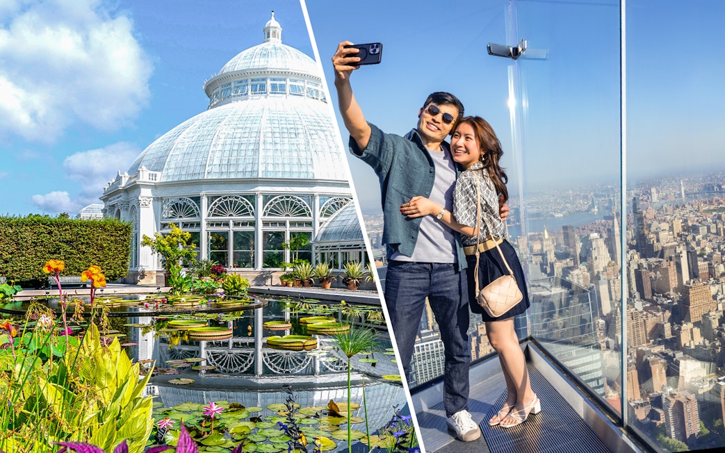 New York Botanical Garden conservatory and couple taking selfie at Edge Observation Deck.