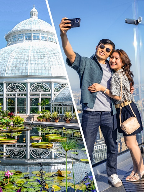New York Botanical Garden conservatory and couple taking selfie at Edge Observation Deck.