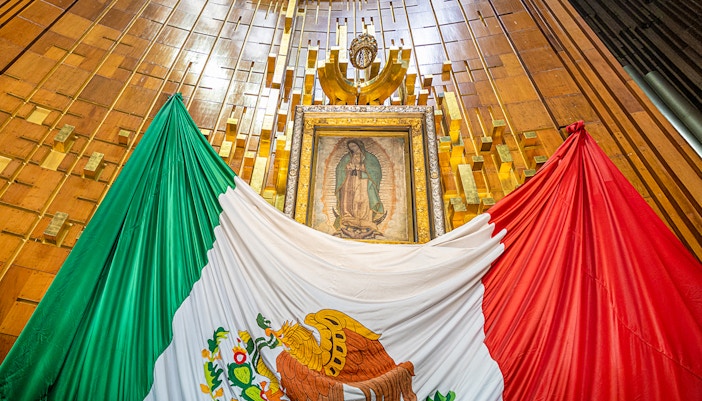 Teotihuacan pyramids with Basilica of Guadalupe in the background, highlighting Our Lady of Guadalupe tour.