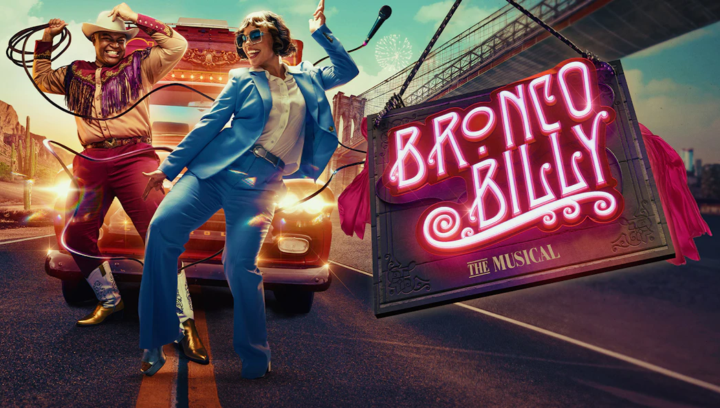 Performers dancing in front of a van with a "Bronco Billy - The Musical" sign.