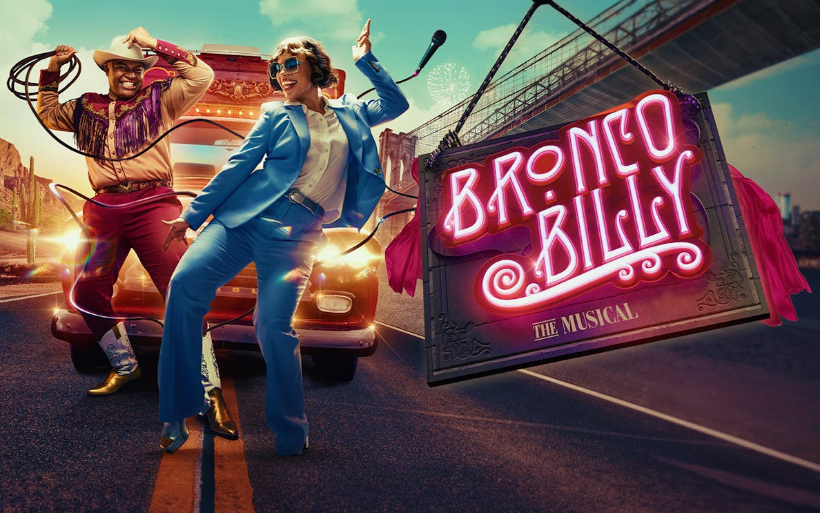 Performers dancing in front of a van with a "Bronco Billy - The Musical" sign.