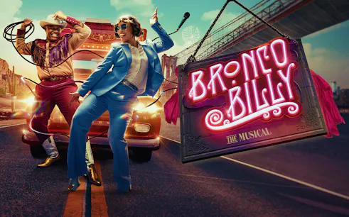 Performers dancing in front of a van with a "Bronco Billy - The Musical" sign.