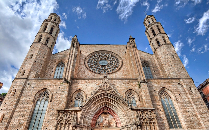 Santa Maria del Mar church facade with rose window in Barcelona.