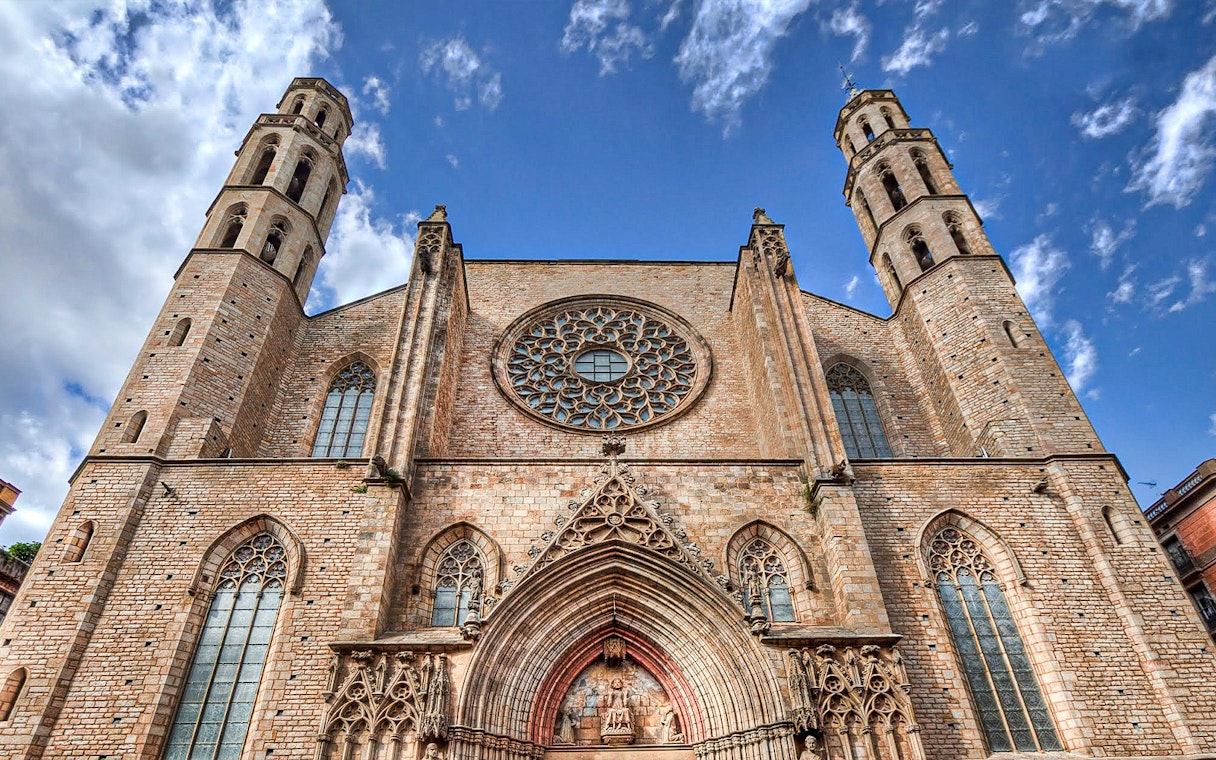 Santa Maria del Mar church facade with rose window in Barcelona.