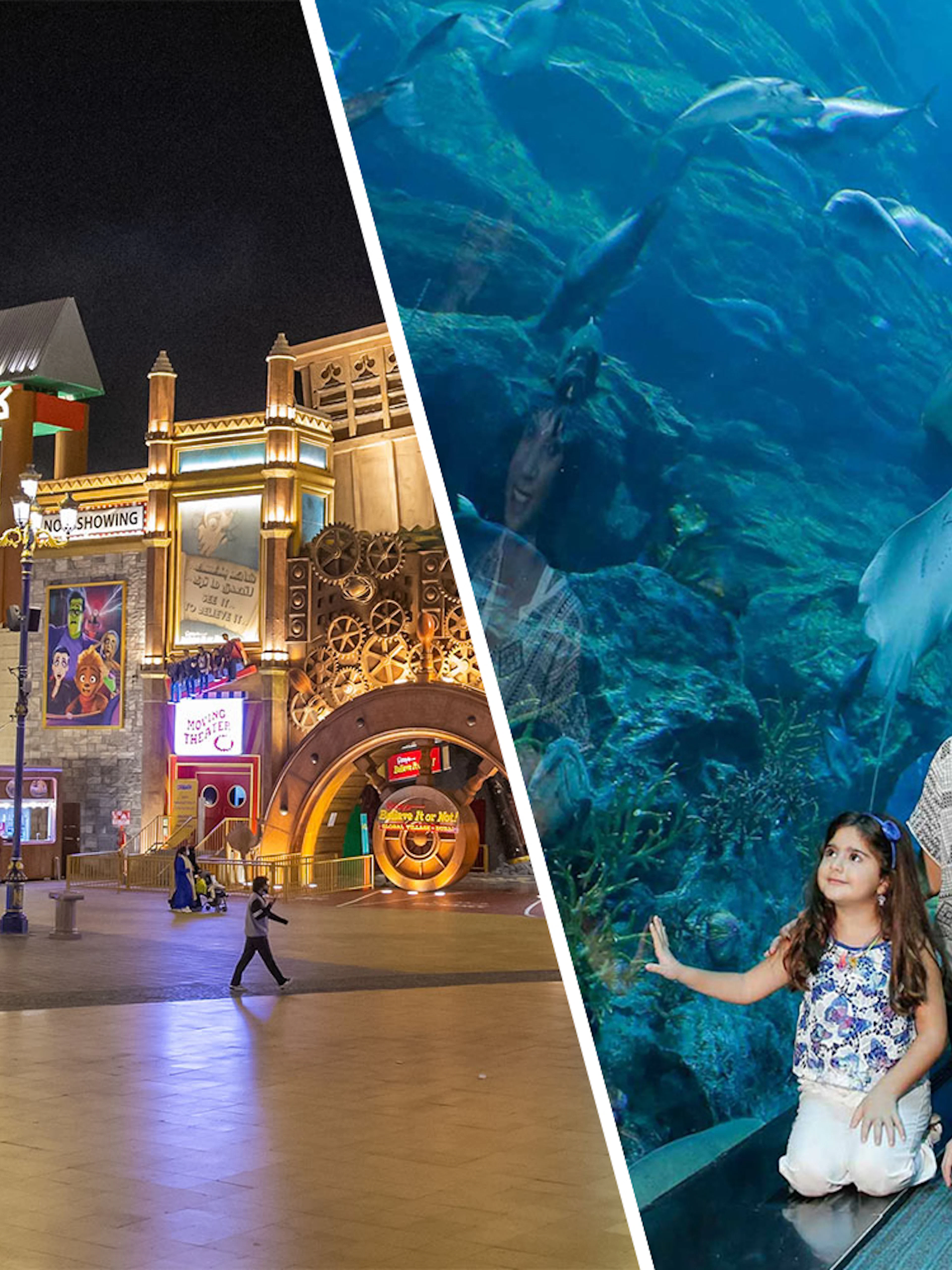 Dubai Global Village entrance and family at Dubai Aquarium tunnel with sharks swimming overhead.