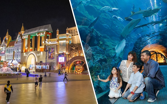 Dubai Global Village entrance and family at Dubai Aquarium tunnel with sharks swimming overhead.