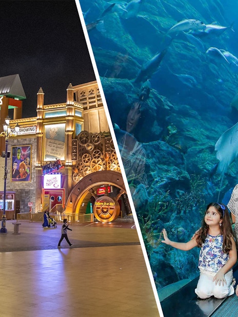 Dubai Global Village entrance and family at Dubai Aquarium tunnel with sharks swimming overhead.