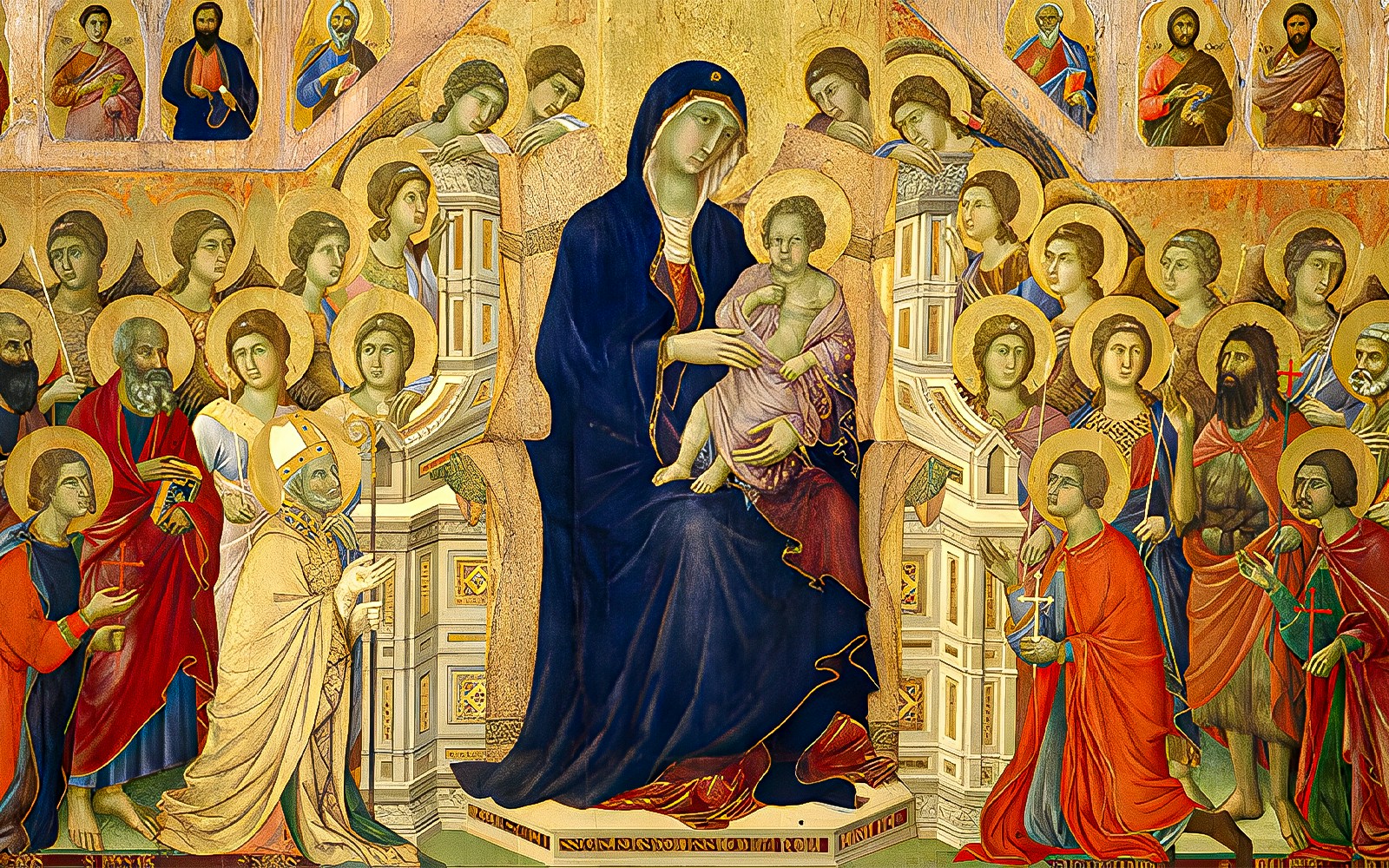 Siena Cathedral artwork depicting religious figures and Madonna with Child.