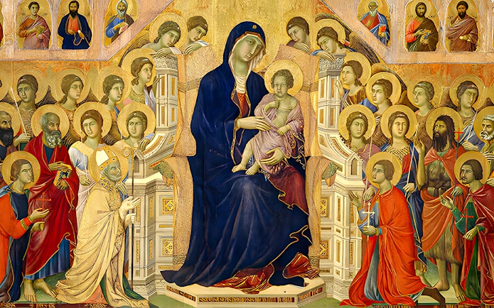Siena Cathedral artwork depicting religious figures and Madonna with Child.