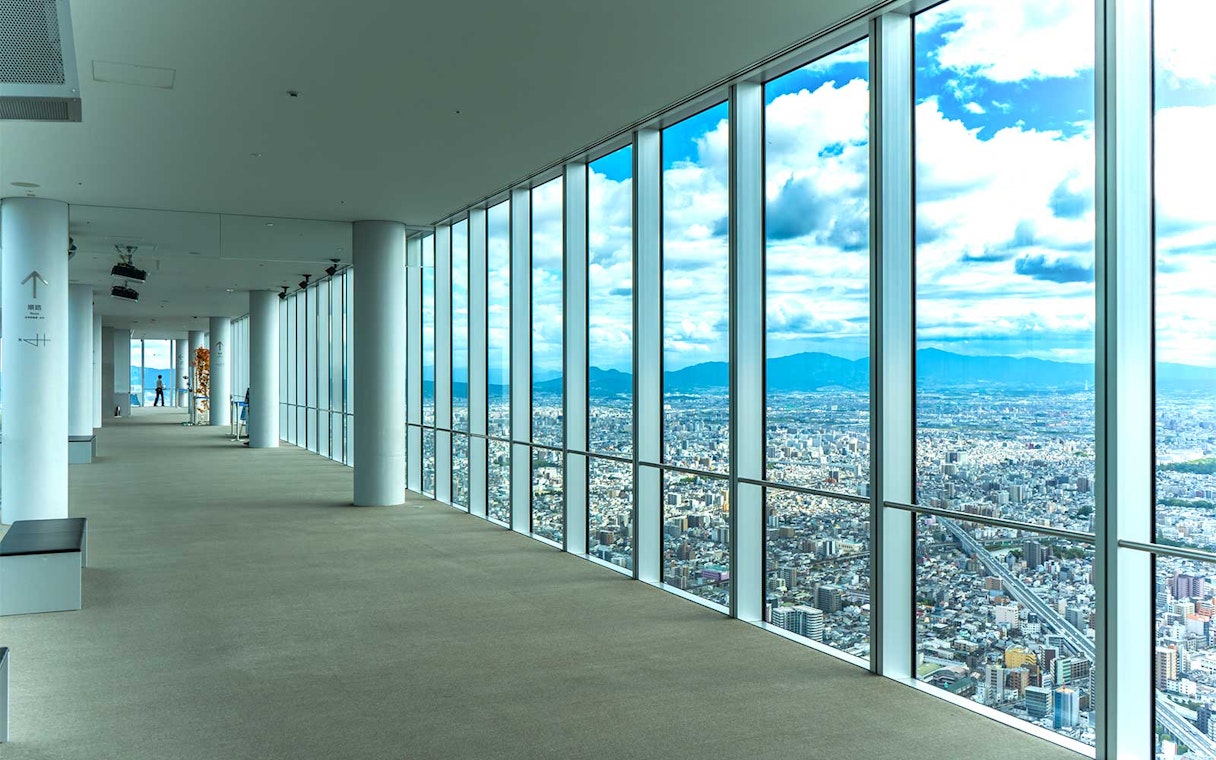 Harukas 300 Observatory interior with panoramic view of Osaka city.