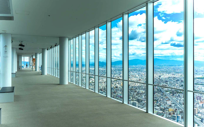 Harukas 300 Observatory interior with panoramic view of Osaka city.