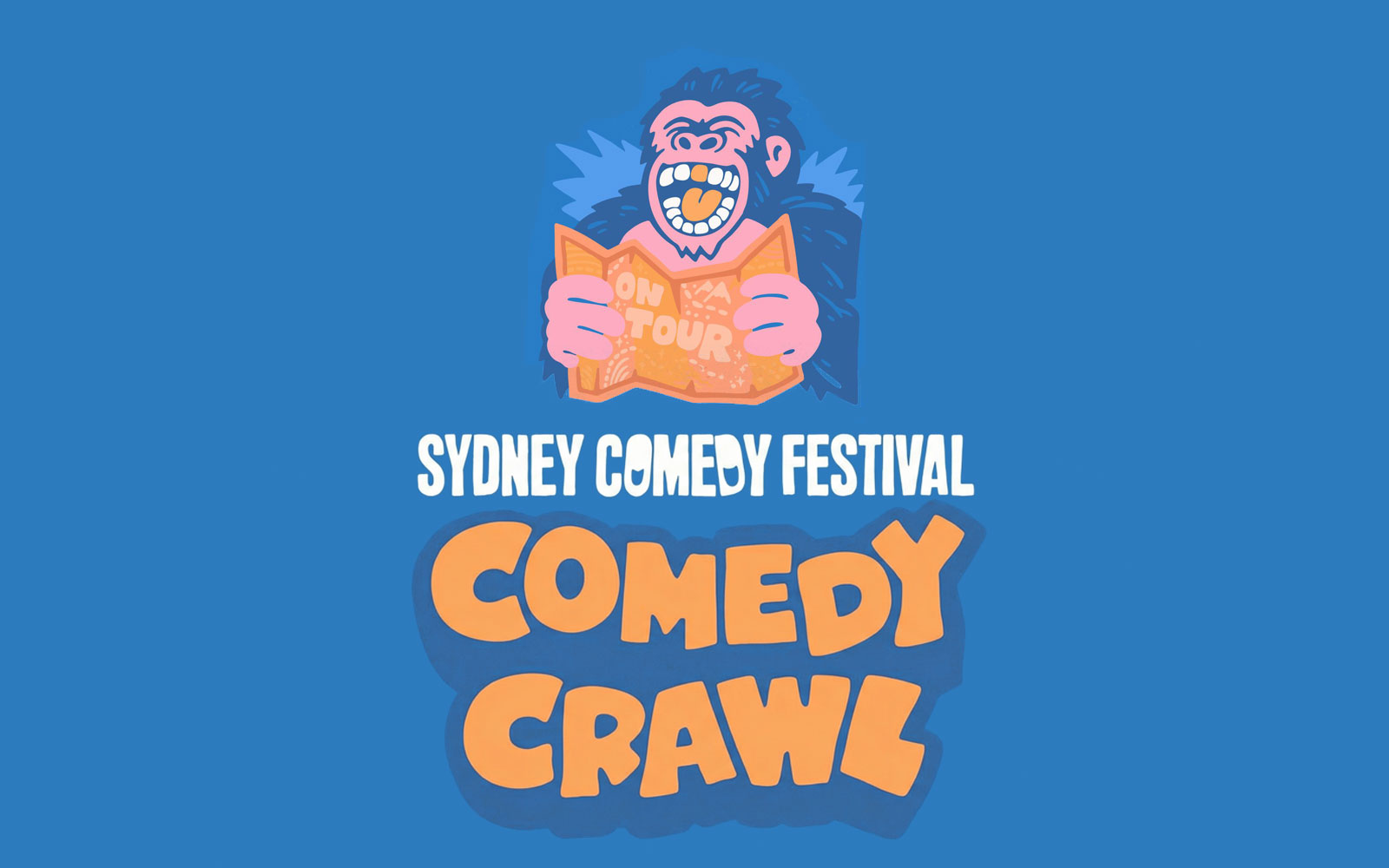 Sydney Comedy Festival Comedy Crawl logo with cartoon character holding a map.